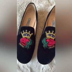 Prada Black Velvet Embroidered Loafers 8.5 women’s